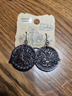 Justin Dark Brown Tooled Floral Round Leather Drop Earrings